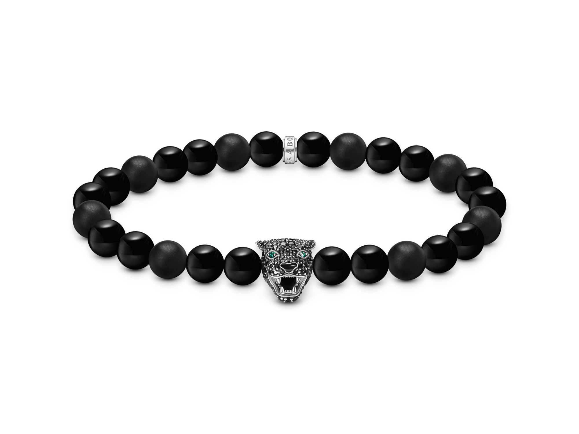 Ein schwarzes Bead Armband von Thomas Sabo mit einem Katzenkopfverschluss, gefertigt aus matten und glänzenden Perlen, Länge 17 cm, Teil der Rebel Basics Kollektion.