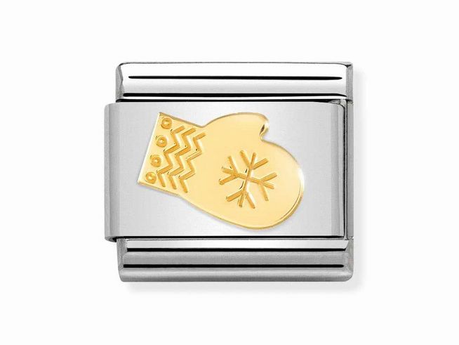 Silberner Charm mit einer goldenen Schneehandschuhe-Motiv, verziert mit einem Schneeflocken-Symbol, ideal für Weihnachten, Hersteller Nomination, Modell Classic 030149 41.