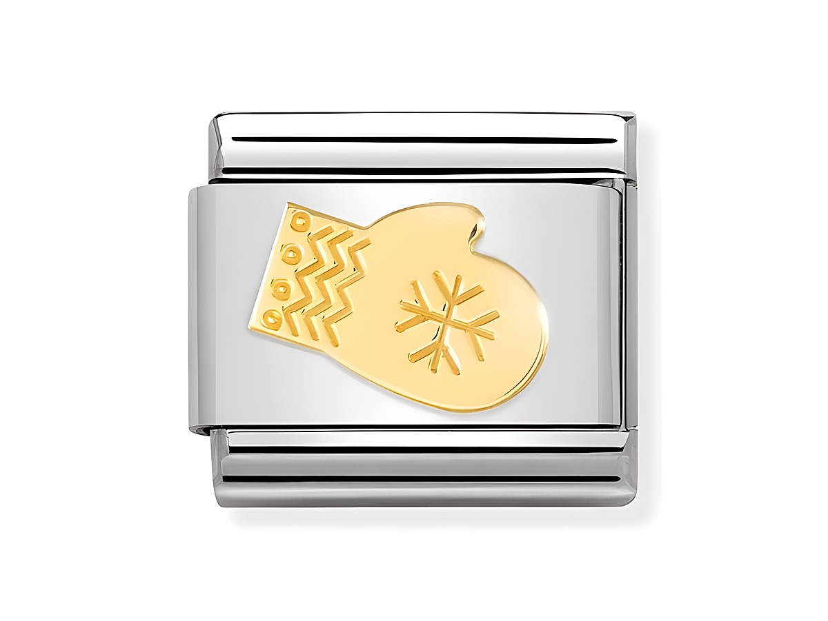 Silberner Charm mit einer goldenen Schneehandschuhe-Motiv, verziert mit einem Schneeflocken-Symbol, ideal für Weihnachten, Hersteller Nomination, Modell Classic 030149 41.