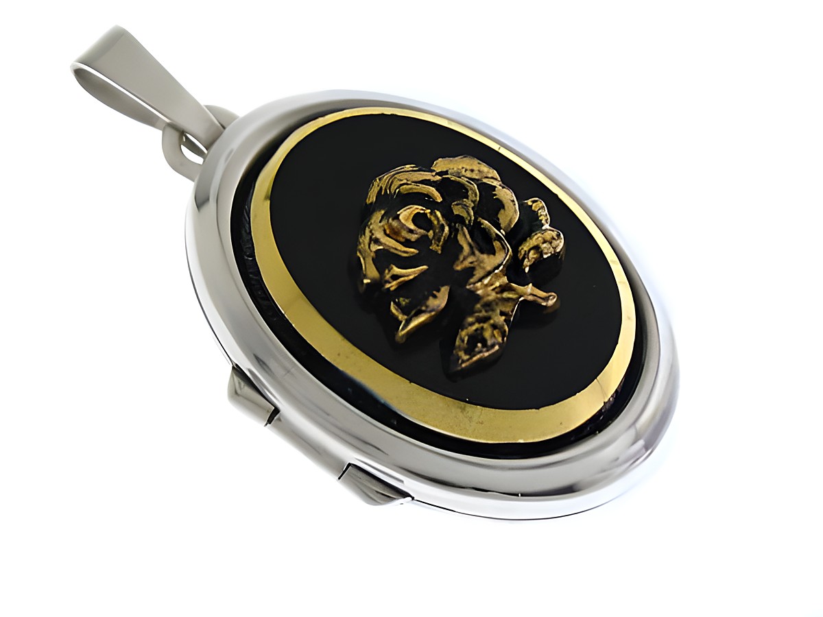 Rose Medaillon mit Cabochon in Sterling Silber, Hersteller Juwelier Harnisch, kunstvolle Darstellung einer Rose in gold auf schwarzem Hintergrund. Elegantes Schmuckstück für Damen.