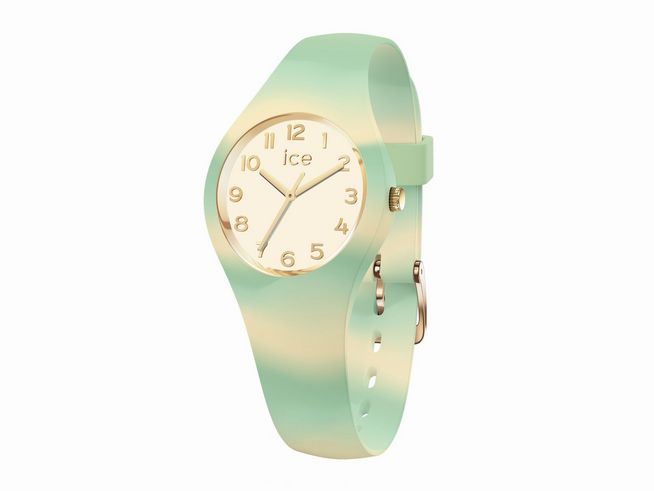 Die Ice Watch Uhr 022595 - ICE tie and dye Forest Hue - Extra small zeigt ein hellgrün-weißer Ziffernblatt mit goldenen Akzenten und einem flexiblen Armband im trendigen Tie-Dye-Design.