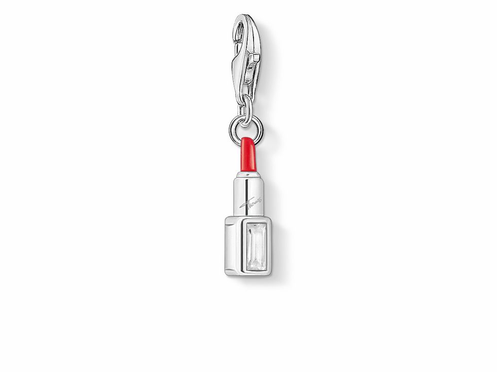 Charm-Anhänger in Form eines Lippenstifts aus Sterling Silber mit rotem und transparentem Emaille und Zirkonia in weiß, von Thomas Sabo, ideal für Beauty- und Taschenliebhaber.