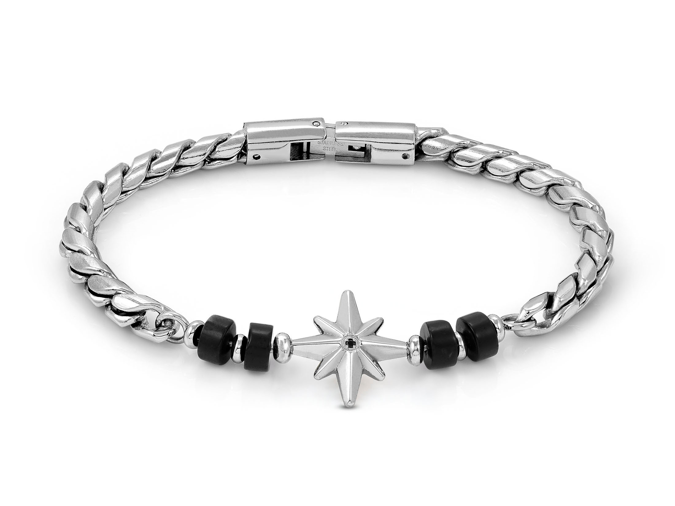 Armband von Nomination ATLANTE STONES EDITION in schwarz mit schwarzem Achat, ausgestattet mit einem versilberten, geflochtenen Design und einem Kompassanhänger, verstellbar von 19 bis 23 cm.
