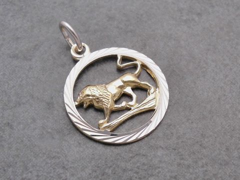 Löwe Silber Sternzeichen mit Vergoldung, hergestellt von Juwelier Harnisch, zeigt einen detailreichen Löwen in einem runden Rahmen, ideal als elegantes Schmuckstück.