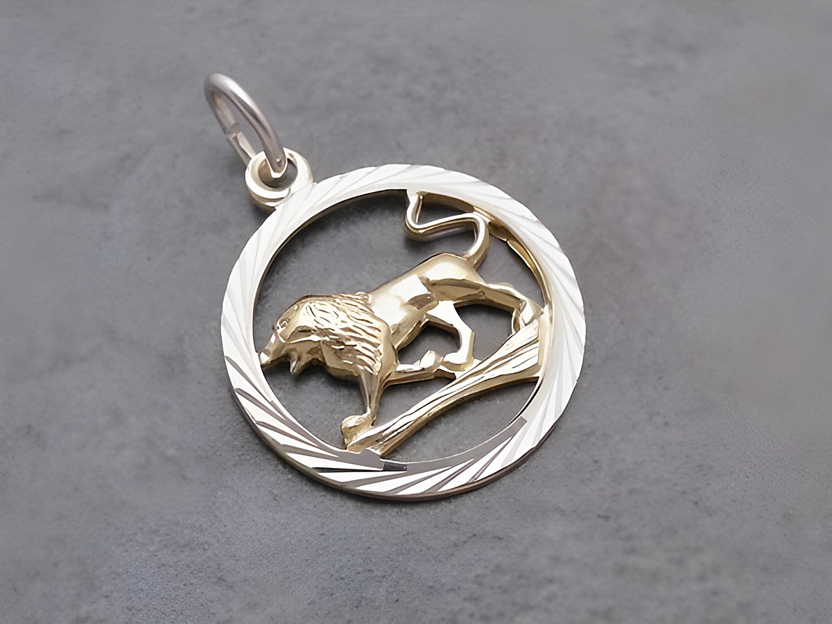 Löwe Silber Sternzeichen mit Vergoldung, hergestellt von Juwelier Harnisch, zeigt einen detailreichen Löwen in einem runden Rahmen, ideal als elegantes Schmuckstück.