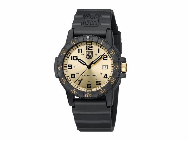 Luminox Sea XS.0325.GP 44 mm Armbanduhr mit schwarzem Silikonarmband und beigem Zifferblatt, ideal für Wassersport und Outdoor-Aktivitäten, robust und stylisch.