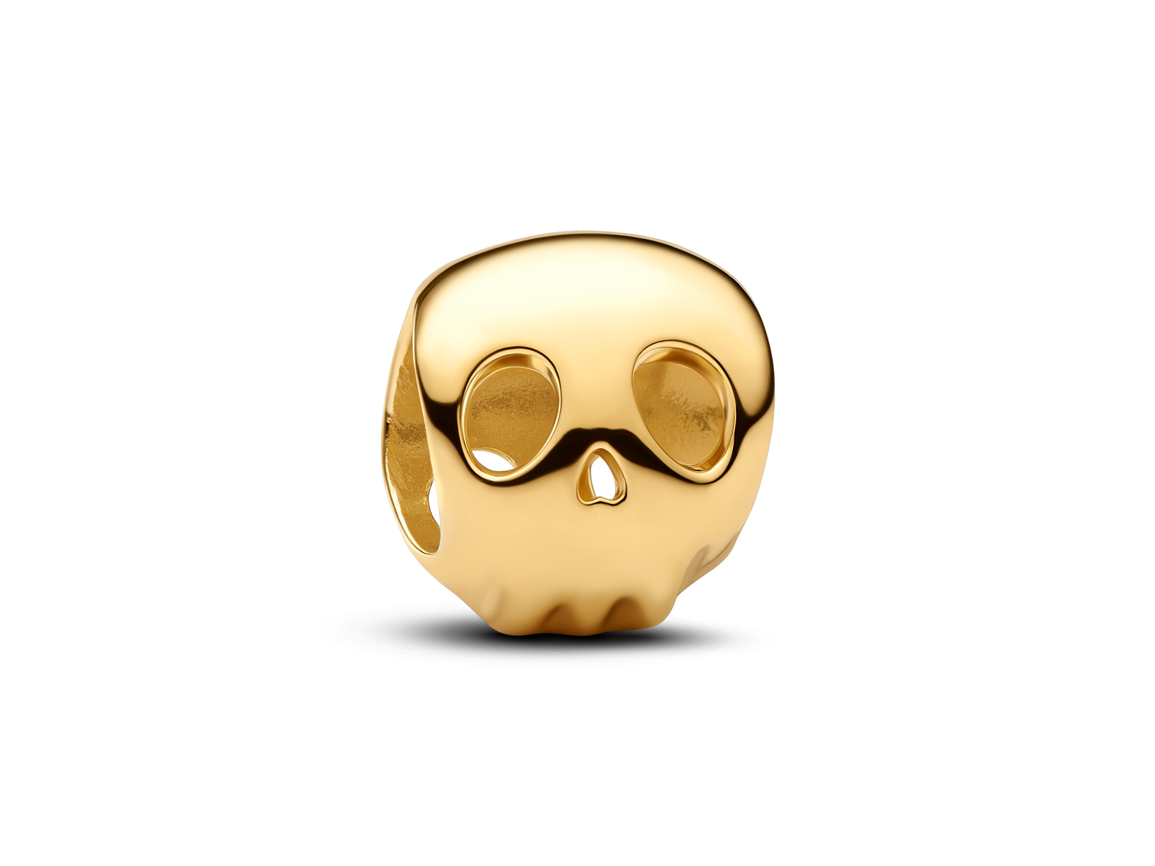 Mini Charm in Form eines Totenkopfes aus gelbgold vergoldetem Material, glänzende Oberfläche und detaillierte Augenöffnungen, ideal für individuelle Schmuckgestaltung im Pandora-Stil.