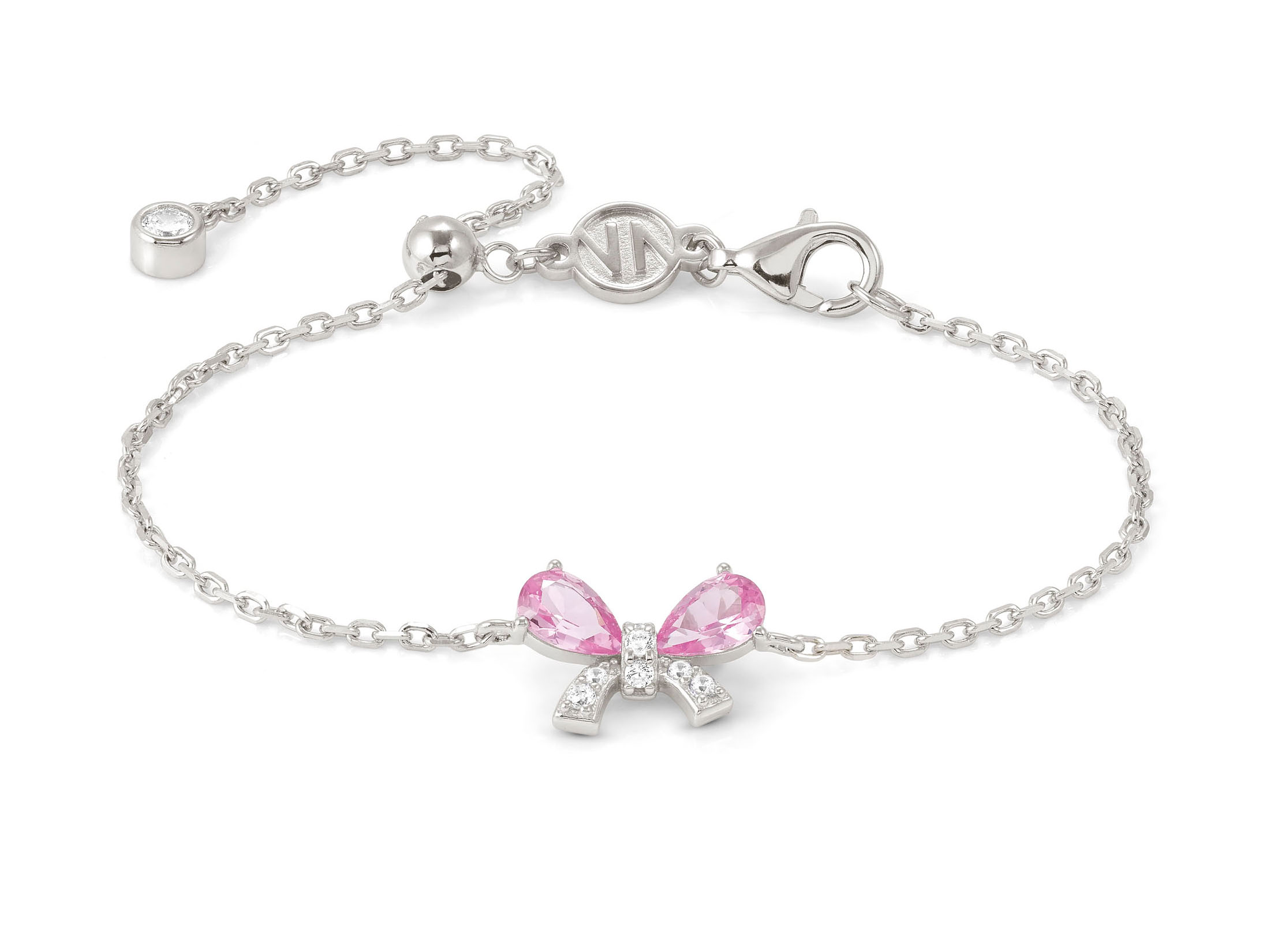 Das Bild zeigt ein elegantes Armband aus Sterling Silber mit einer Schleifenmotivik, verziert mit rosa Zirkonia und weißen Details, passend für Handgelenke bis 18 cm.