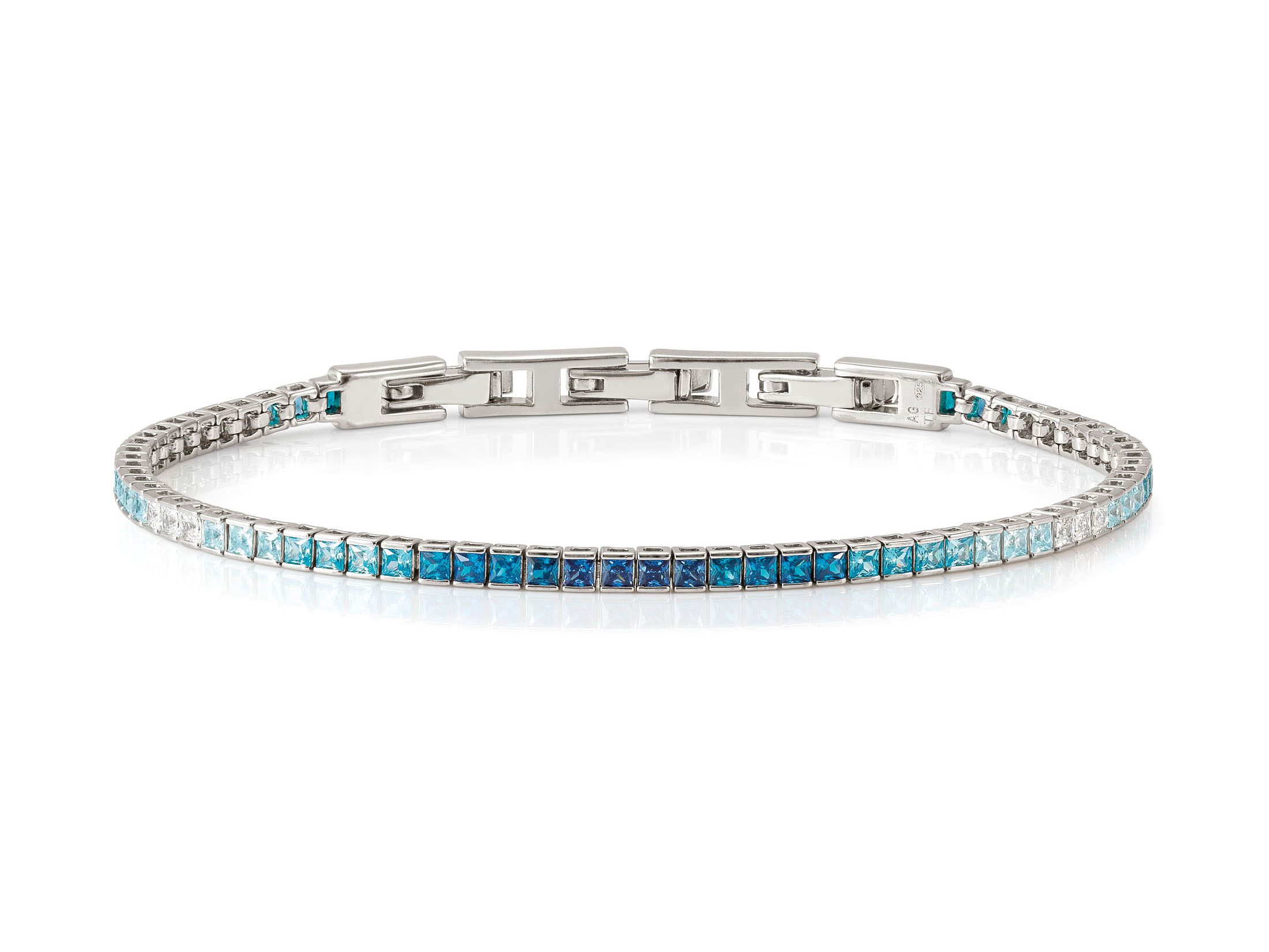 Tennisarmband aus Sterling Silber mit Himmelblauen Zirkonia, besetzt mit Steinen in verschiedenen Blau- und Türkistönen, verstellbar von 17 bis 19,5 cm, modernen Design von Nomination.