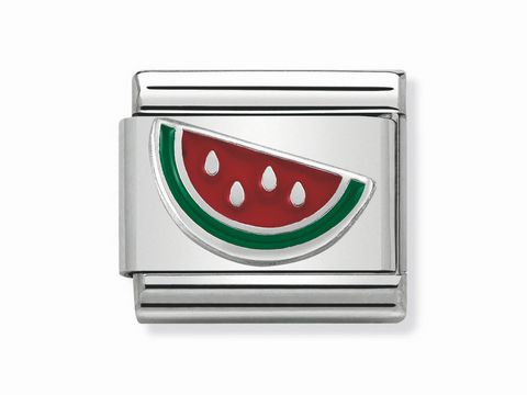Silbernes Schmuckelement von Nomination mit aufgedrucktem Wassermelonenmotiv in Rot und Grün, ideal für eine individuelle Armbandgestaltung.