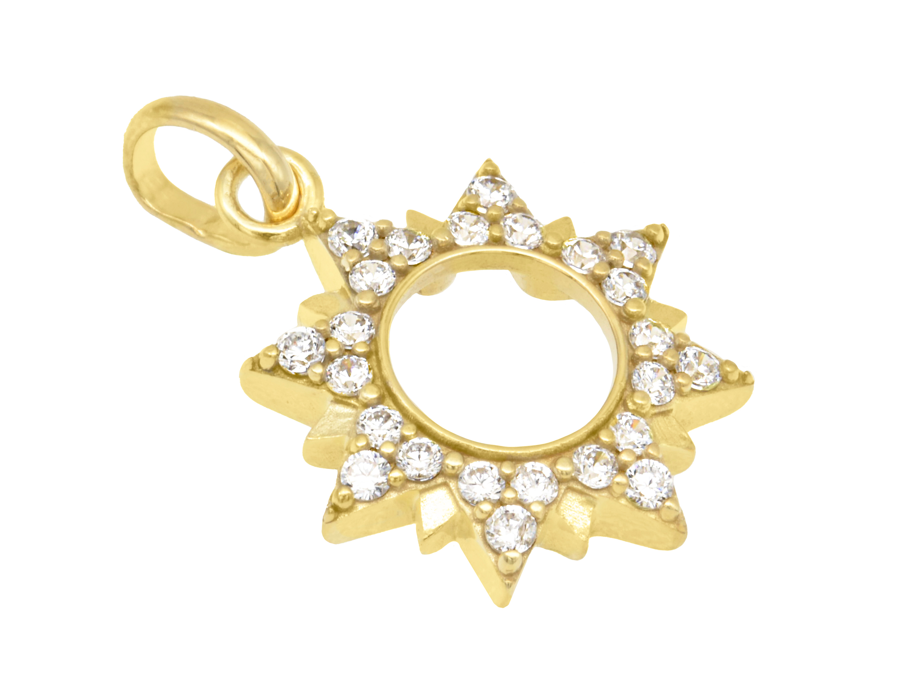 Silber Anhänger Sonne aus gelbgold vergoldet und poliert, verziert mit Zirkonia, von Juwelier Harnisch, im Design Sonne Mond Sterne, strahlt Eleganz und Stil aus.