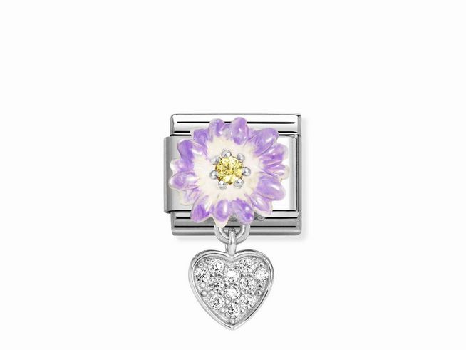 Charm von Nomination Classic mit lila Margerite und Herz aus Zirkonia, Emaille in Weiß und Gelb. Ideal für Armbänder und persönliche Gestaltung.