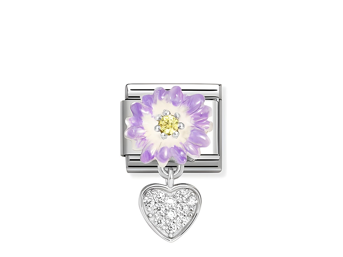 Charm von Nomination Classic mit lila Margerite und Herz aus Zirkonia, Emaille in Weiß und Gelb. Ideal für Armbänder und persönliche Gestaltung.