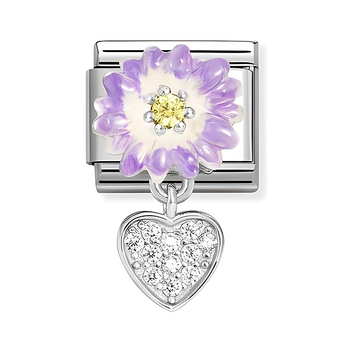 Charm von Nomination Classic mit lila Margerite und Herz aus Zirkonia, Emaille in Weiß und Gelb. Ideal für Armbänder und persönliche Gestaltung.