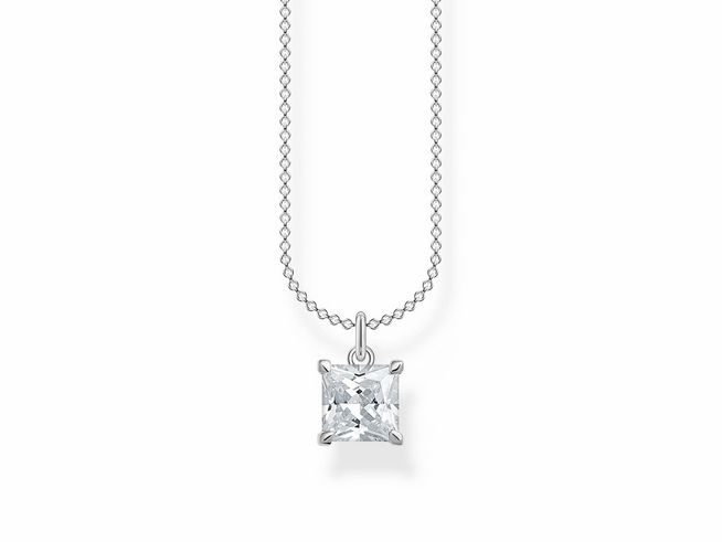 Silberne Kette mit Anhänger von Thomas Sabo, ausgestattet mit einem klaren Zirkonia in quadratischer Form, Länge verstellbar von 40 bis 45 cm. Elegant und zeitlos.