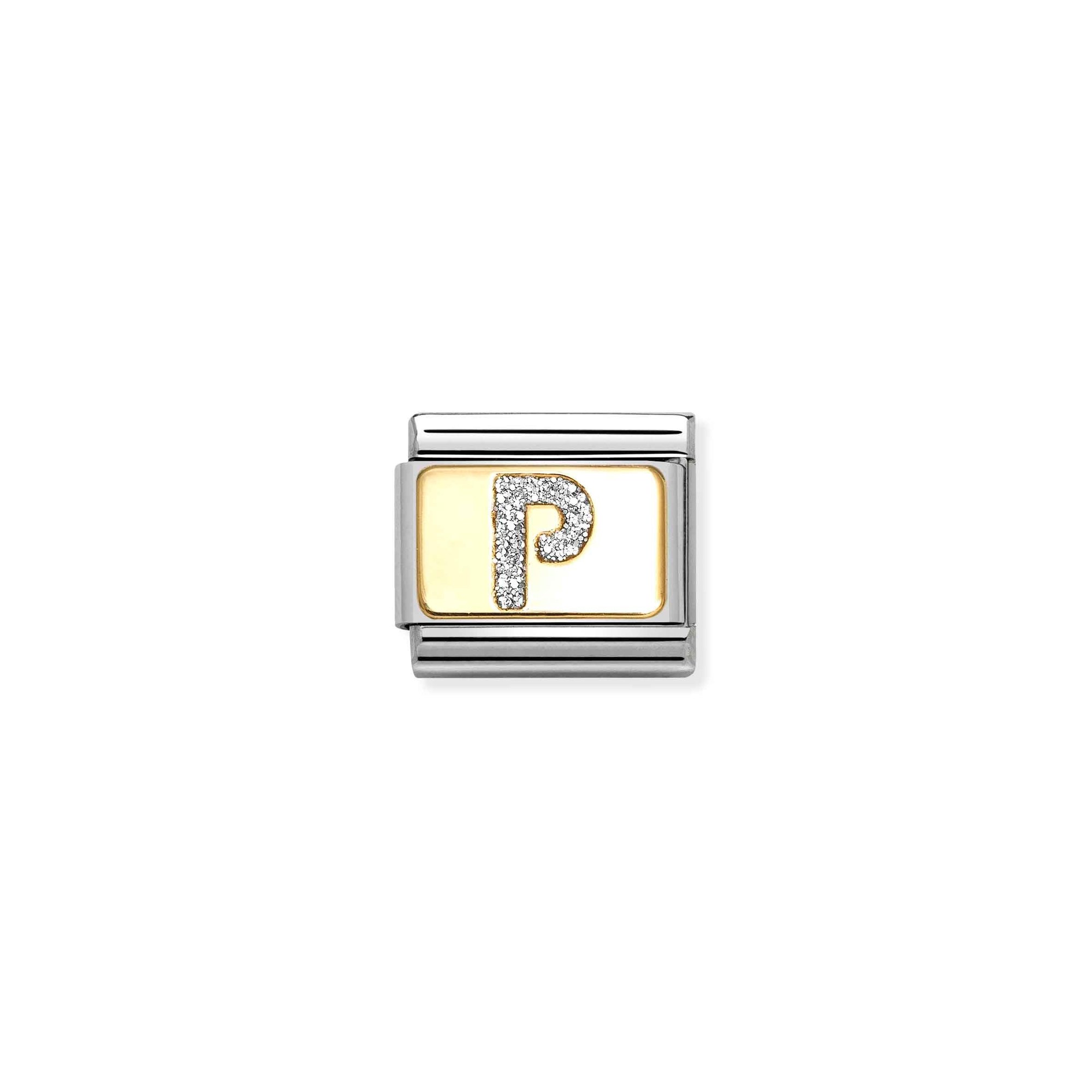 Nomination Composable Classic Charm Buchstabe P Silberglitzer - Edelstahl, Gold 750, Emaille