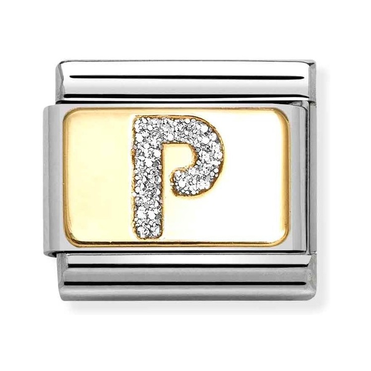 Nomination Composable Classic Charm Buchstabe P Silberglitzer - Edelstahl, Gold 750, Emaille