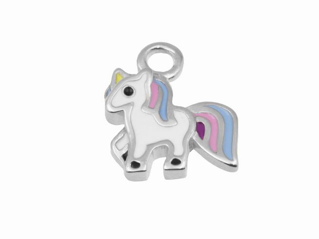 Einhänger für Creolen in Form eines Einhorns aus rhodiniertem Sterling Silber, farbenfrohe Mähne in Rosa und Blau, Hersteller Juwelier Harnisch, ideal für individuelle Schmuckstücke.