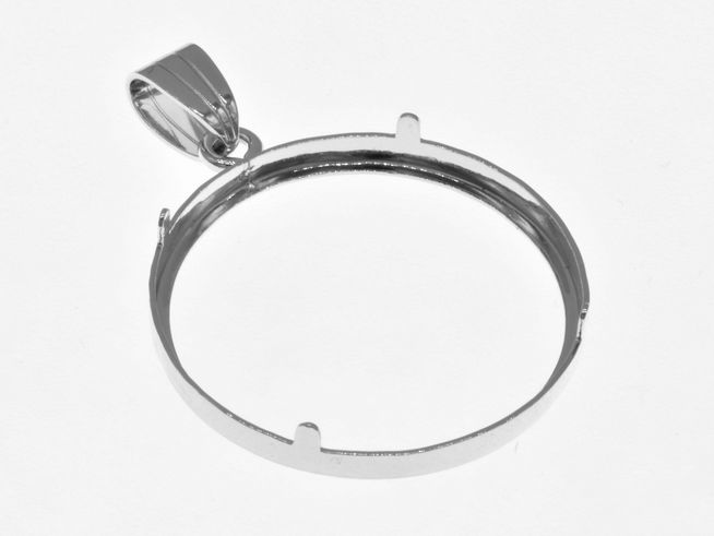 Schlichter Münzfassung Anhänger aus rhodiniertem 925 Sterling Silber mit einem Durchmesser von 28 mm, geeignet für Münzen bis 3,0 cm, hergestellt von Juwelier Harnisch.
