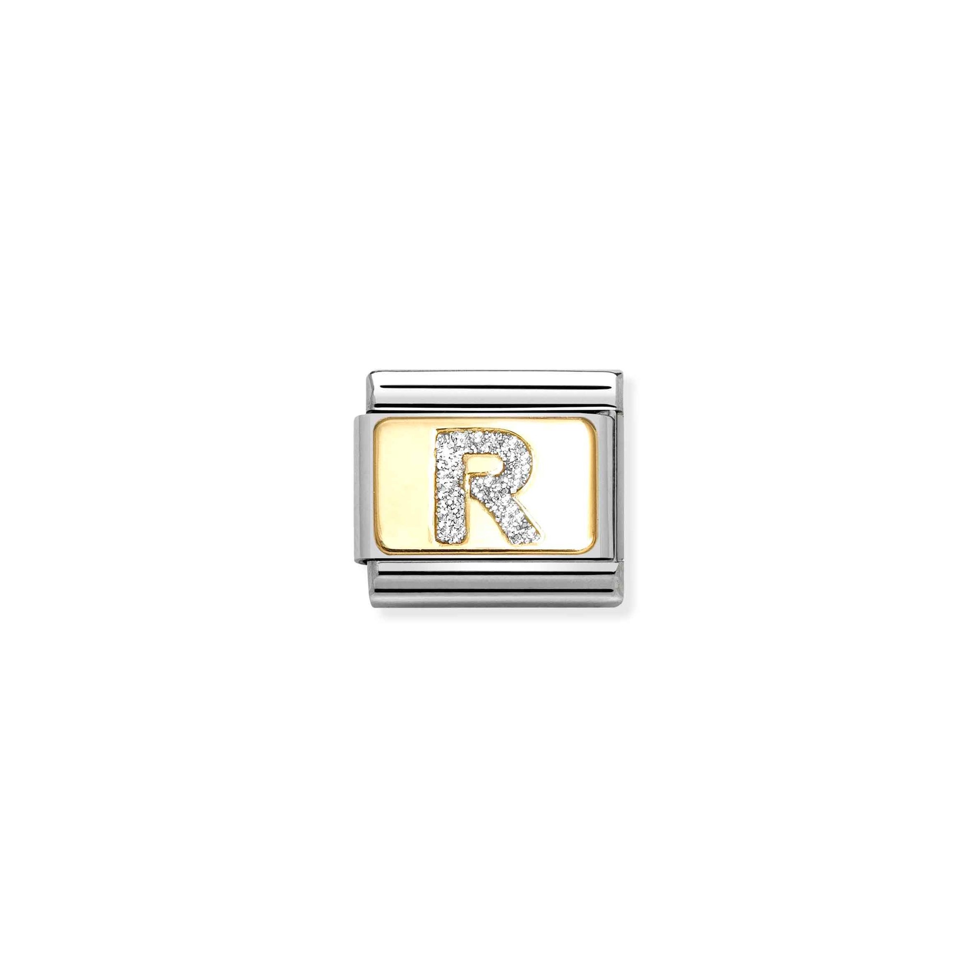 Nomination Composable Classic Charm Buchstabe R Silberglitzer - Edelstahl, Gold 750, Emaille