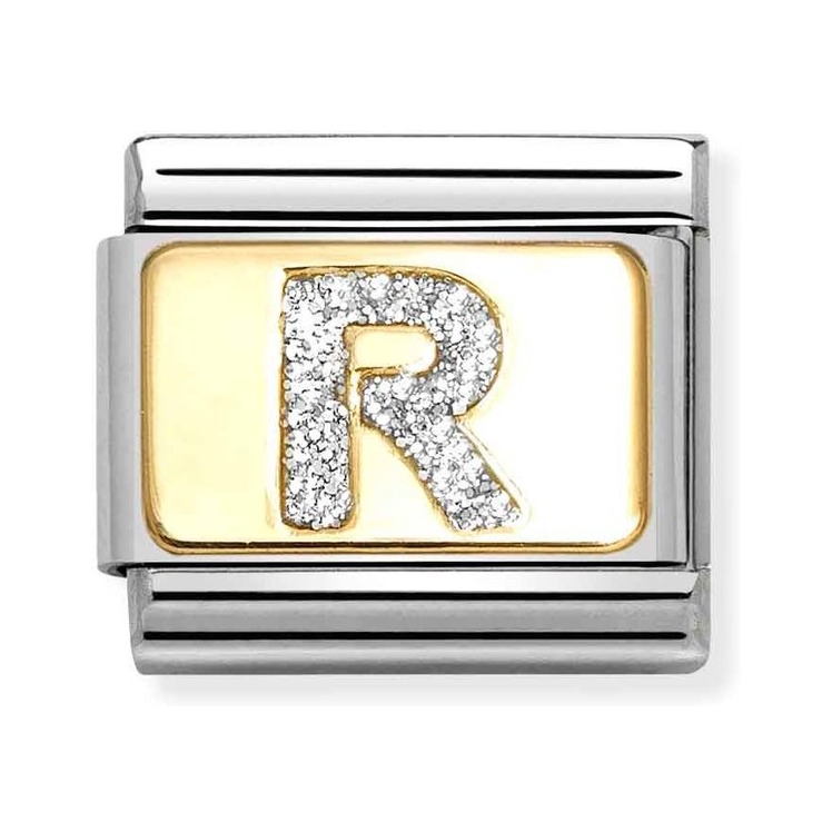 Nomination Composable Classic Charm Buchstabe R Silberglitzer - Edelstahl, Gold 750, Emaille
