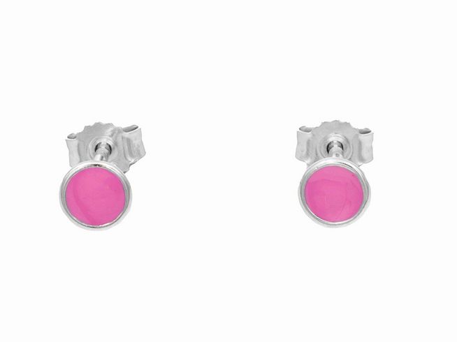Ohrstecker in Rundform aus rhodiniertem Sterling Silber mit rosa lackierten Elementen, ideal für Kinder, hergestellt von Juwelier Harnisch.