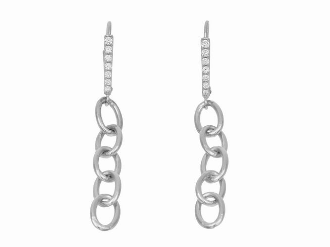 Ohrhänger aus rhodiniertem Sterling Silber mit polierter Oberfläche, verziert mit weißen Zirkonia-Steinen, elegante Kette in modernem Design von Juwelier Harnisch.