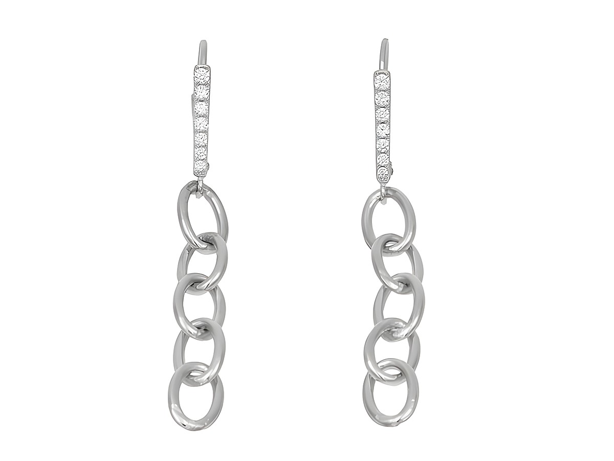 Ohrhänger aus rhodiniertem Sterling Silber mit polierter Oberfläche, verziert mit weißen Zirkonia-Steinen, elegante Kette in modernem Design von Juwelier Harnisch.