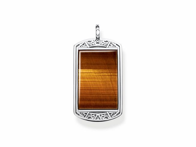 Thomas Sabo Anhänger aus Sterling Silber mit geschwungenem Design, verziert mit einem rechteckigen Tigerauge, das in warmen Gold- und Brauntönen strahlt.