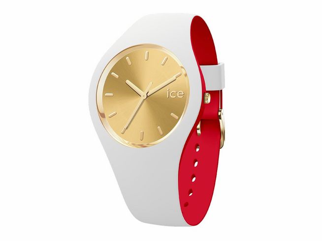 ICE Loulou White gold chic in Weiß mit mittlerer Größe, markante goldene Uhr mit weißem Gehäuse und rotem Armband, ideal für stylische Akzente im Alltag.