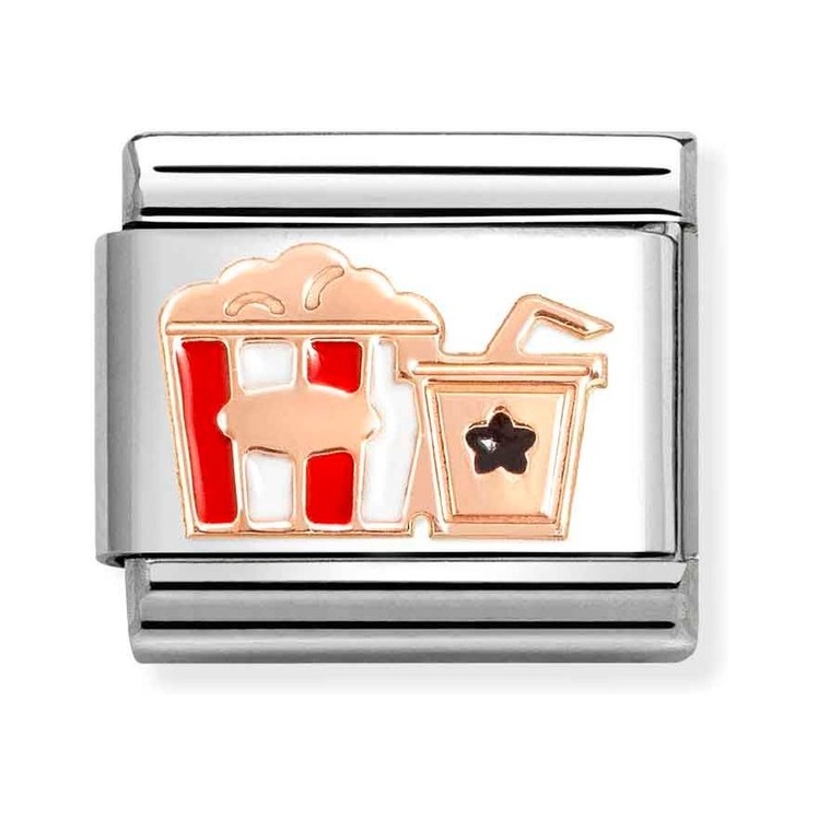 Nomination Composable Classic Charm Popcorn mit Getränk - Edelstahl, Gold 375 Roségold, Emaille