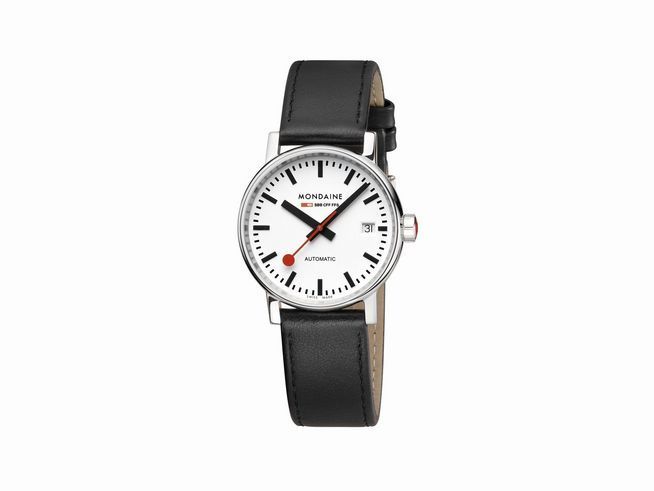Mondaine Uhr MSE.35610.LBV evo2 in Edelstahl poliert mit schwarzem Lederarmband, 35 mm Gehäusedurchmesser, weißes Zifferblatt, automatische Uhr mit Datumsanzeige.
