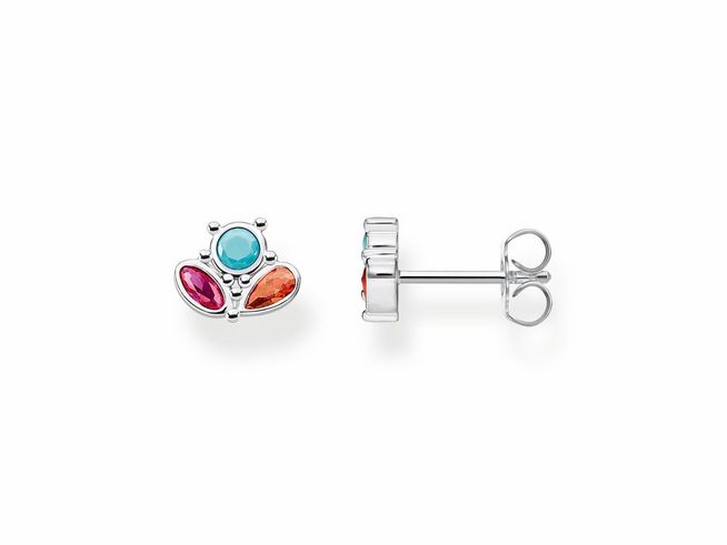 Ohrstecker aus Silber von Thomas Sabo mit bunten Zirkonia-Steinen in Form von Blütenblättern, bestehend aus einem blauen, rosafarbenen und orangenen Stein. Ideal für jeden Anlass.