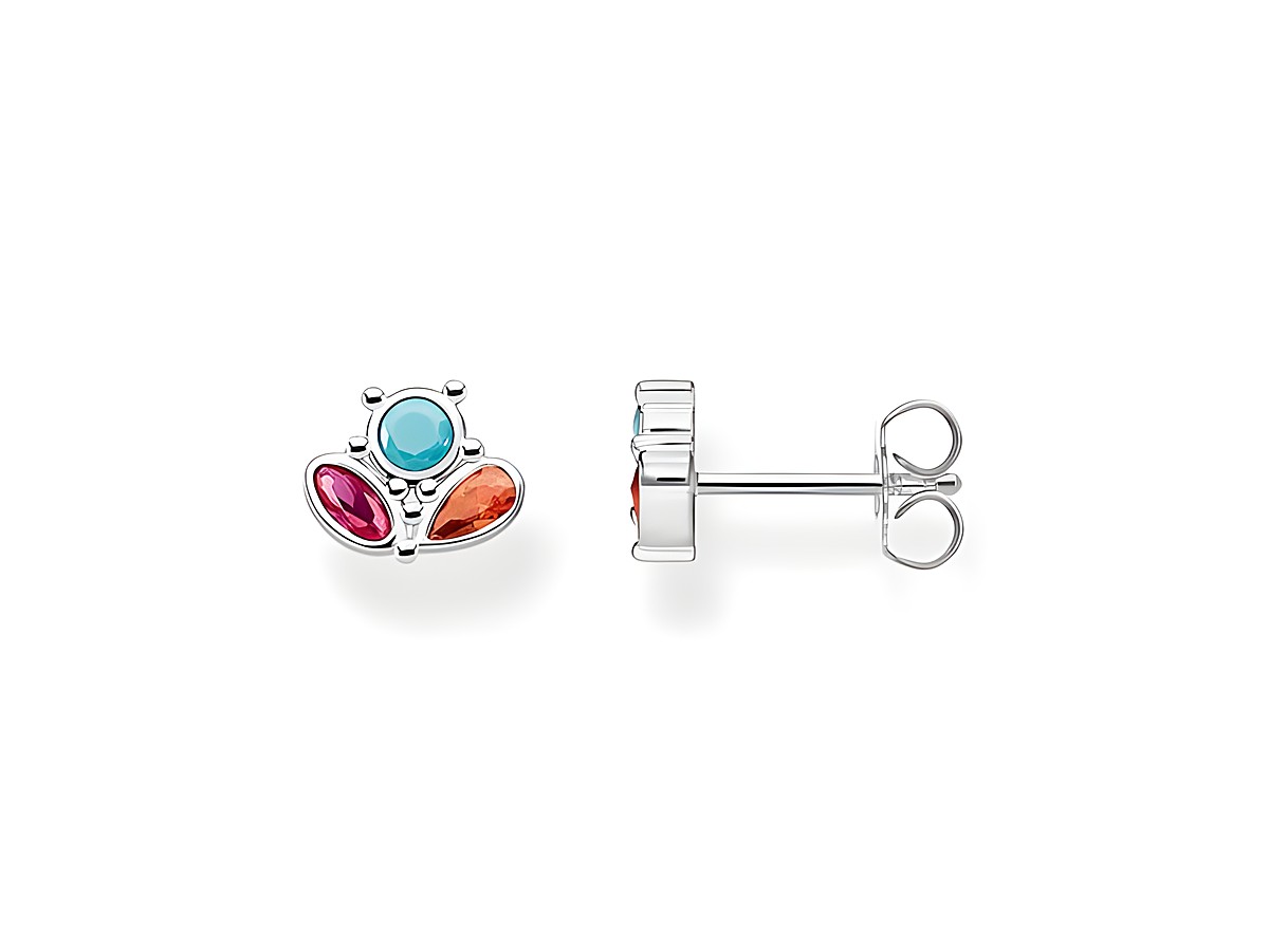 Ohrstecker aus Silber von Thomas Sabo mit bunten Zirkonia-Steinen in Form von Blütenblättern, bestehend aus einem blauen, rosafarbenen und orangenen Stein. Ideal für jeden Anlass.