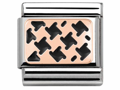 Der Nomination Classic Roségold schwarz piedipull ist ein eleganter Charm in Roségold mit einem modernen Muster aus schwarzen geometrischen Formen auf einem glänzenden Hintergrund.