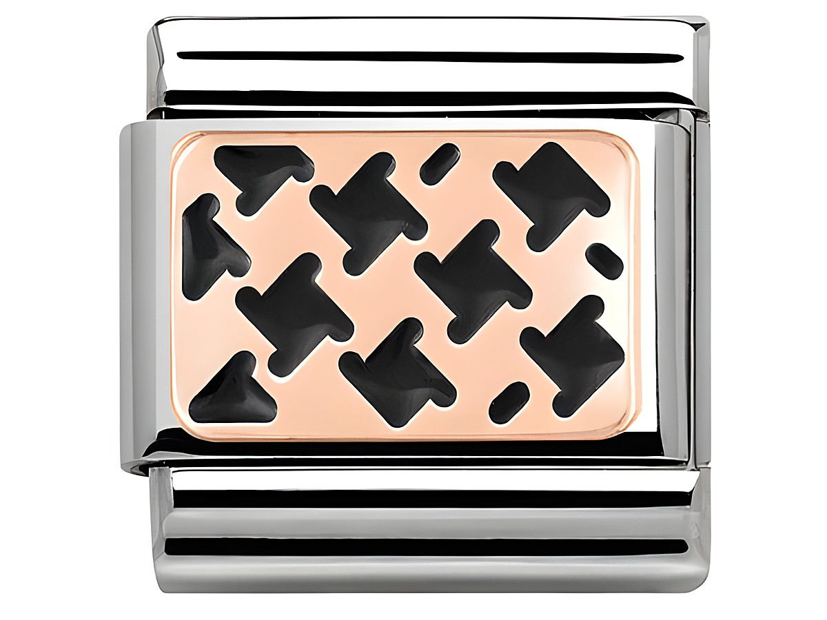 Der Nomination Classic Roségold schwarz piedipull ist ein eleganter Charm in Roségold mit einem modernen Muster aus schwarzen geometrischen Formen auf einem glänzenden Hintergrund.