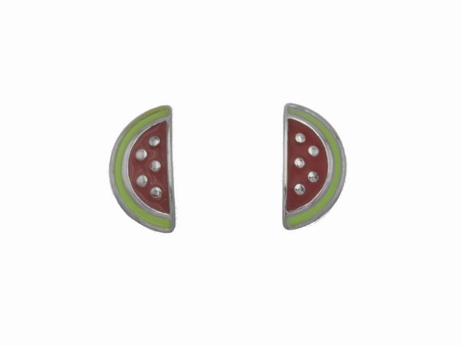 Ohrstecker aus Sterling Silber in Wassermelonen-Design, poliert und rhodiniert, mit roter und hellgrüner Lackierung, ideal für Kinder.