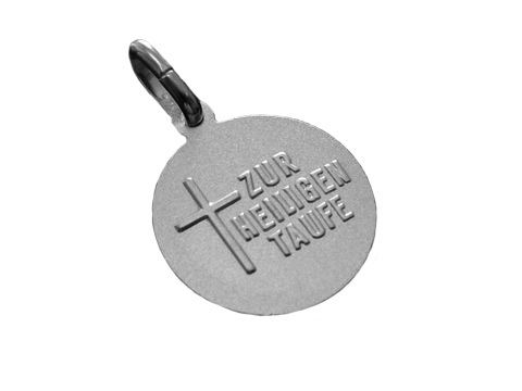 Tauftaler Sterling Silber Anhänger mit Schutzengel und dem Text Zur heiligen Taufe, Hersteller Juwelier Harnisch, ideal als taufgeschenk.
