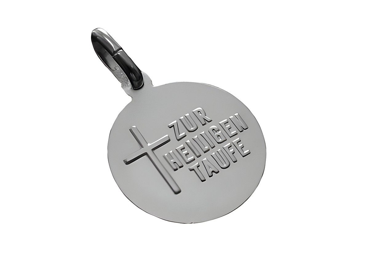 Tauftaler Sterling Silber Anhänger mit Schutzengel und dem Text Zur heiligen Taufe, Hersteller Juwelier Harnisch, ideal als taufgeschenk. – Ansicht 2