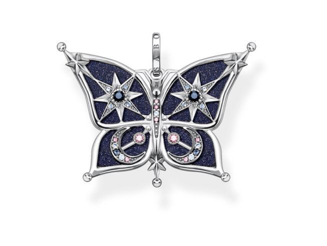 Schmetterling Anhänger aus Sterling Silber mit Glas-Keramik und kunstvollen Zirkonia in verschiedenen Farben, verziert mit Sternmotiven und edlen Akzenten, ideal für elegante Schmuckstücke.