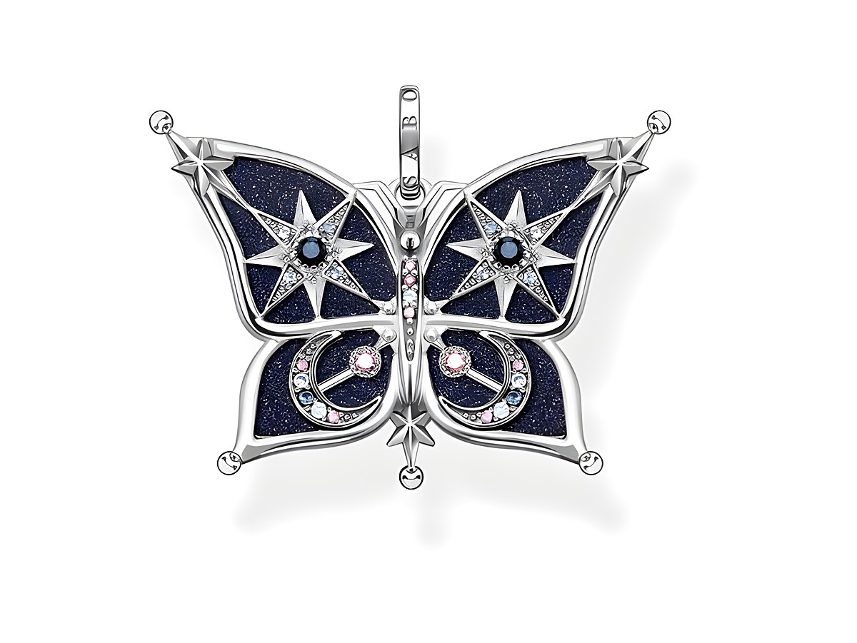Schmetterling Anhänger aus Sterling Silber mit Glas-Keramik und kunstvollen Zirkonia in verschiedenen Farben, verziert mit Sternmotiven und edlen Akzenten, ideal für elegante Schmuckstücke.