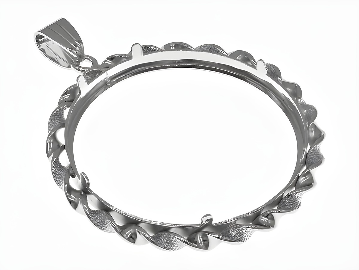 Münzfassung Anhänger aus rhodiniertem 925 Sterling Silber für Münzen bis 35 mm Durchmesser, Hersteller Juwelier Harnisch, elegantes Design mit Kordeloptik. – Ansicht 3