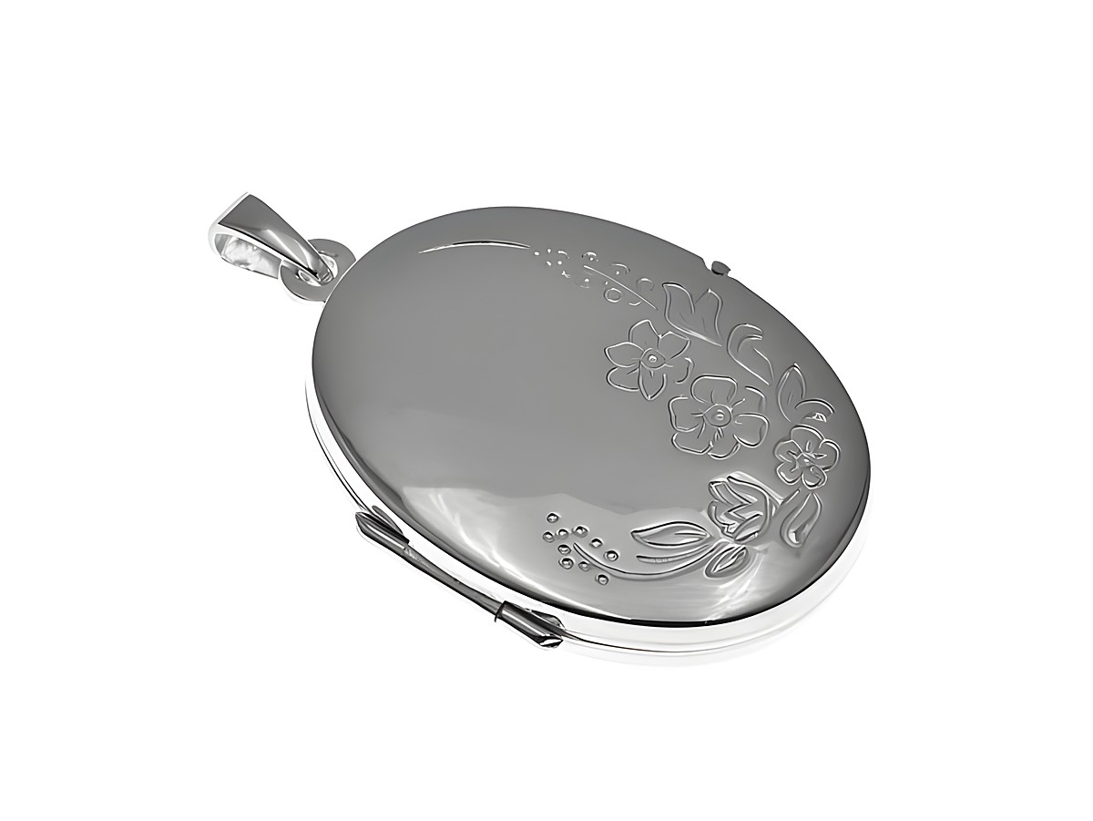 Oval mit Blumen Silber Medaillon zart poliert Hersteller Juwelier Harnisch Oval. Elegantes Design mit floralem Relief, ideal als zeitloses Schmuckstück für besondere Anlässe.
