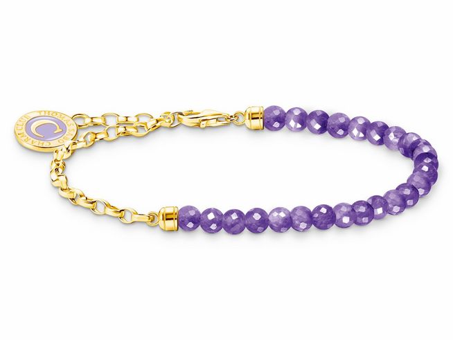 Armband von Thomas Sabo aus Silber und gelbgoldvergoldeten Gliedern, mit violetten Kaltemail-Elementen, perfekt für Handgelenke von 12 bis 15 cm. Elegantes Design für stilvolle Akzente.
