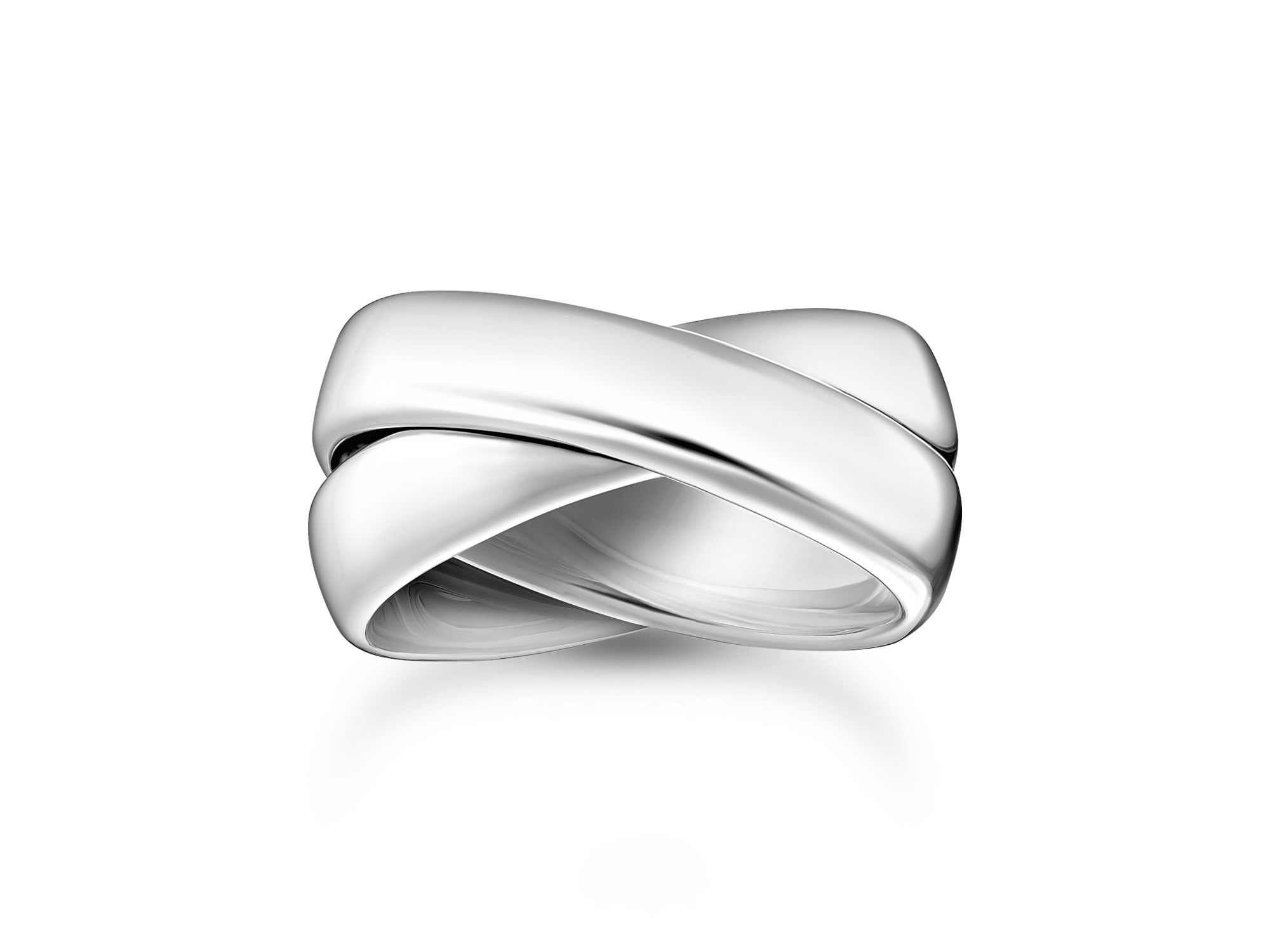 Ein eleganter, breiter Silberring mit geschwungenem Design, der sich überlappt und modern wirkt. Ideal für trendbewusste Frauen. Größe 52, Modell TR2491-001-21-52 von Thomas Sabo.