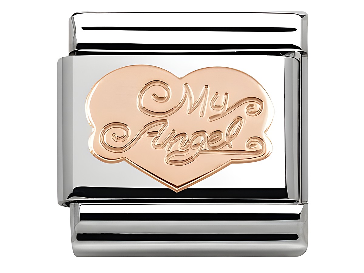 Edelstahlarmband mit goldfarbenem Herzanhänger, eingraviert mit dem Schriftzug My Angel, Hersteller Nomination, Modell Classic Symbole in Roségold.