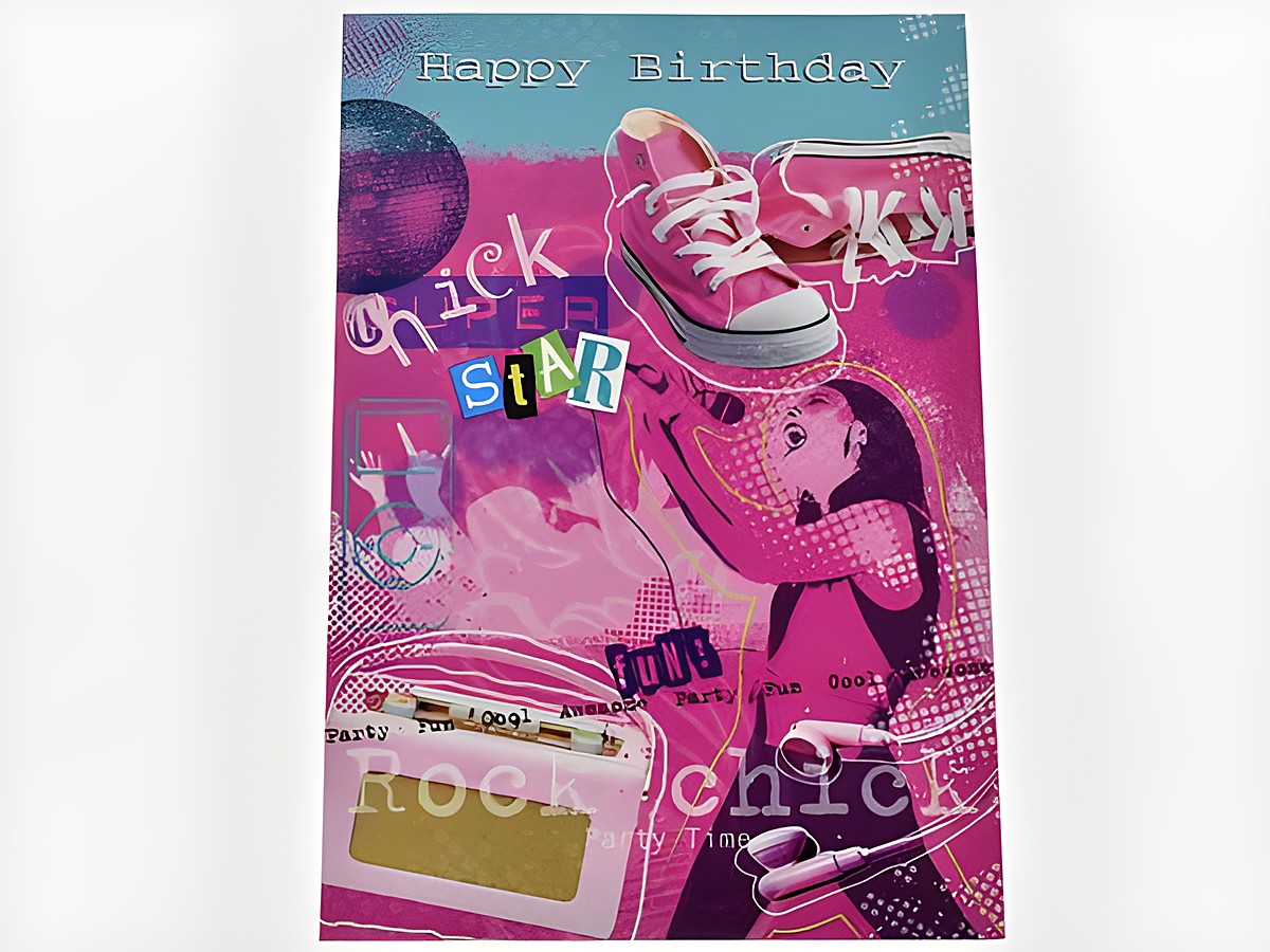 Eine farbenfrohe Geburtstagskarte im hippen und trendigen Design. Sie zeigt einen kreativen grafischen Hintergrund mit einer coolen Figur, Sneakers und bunten Schriftzügen, ideal für Party-Feiern.