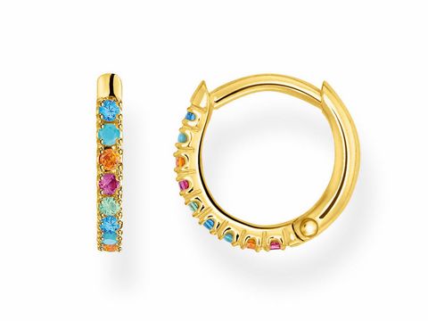 Silberne Creole mit bunten Zirkonia in Gelbgoldfassung, Teil der Thomas Sabo Charming Collection, Modell CR658-488-7. Elegantes und farbenfrohes Design für Ohrschmuck.