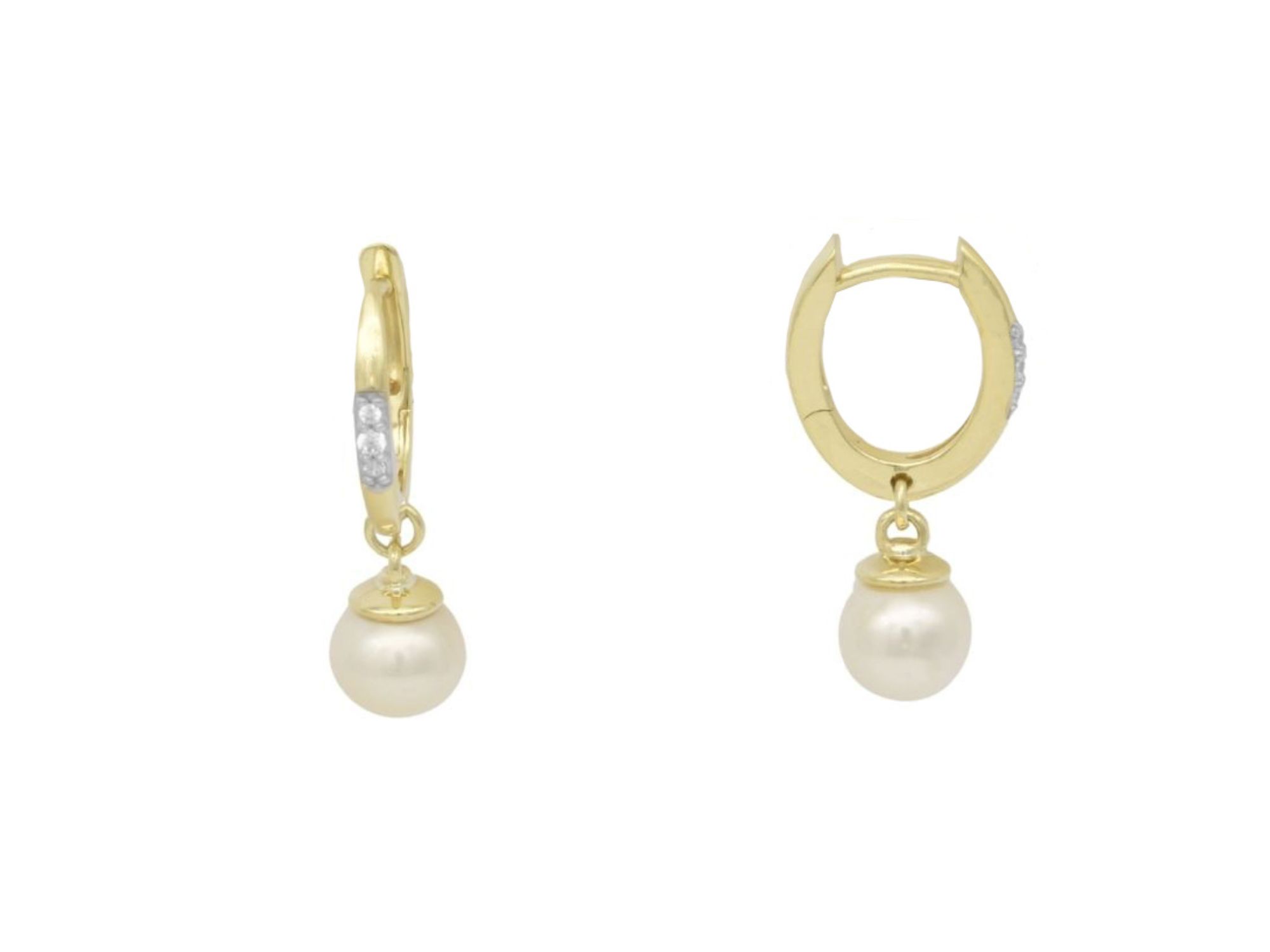 Ohrring Perle Creolen - Sterling Silber Gelbgold Verg. - Zuchtperle + Zirkonia