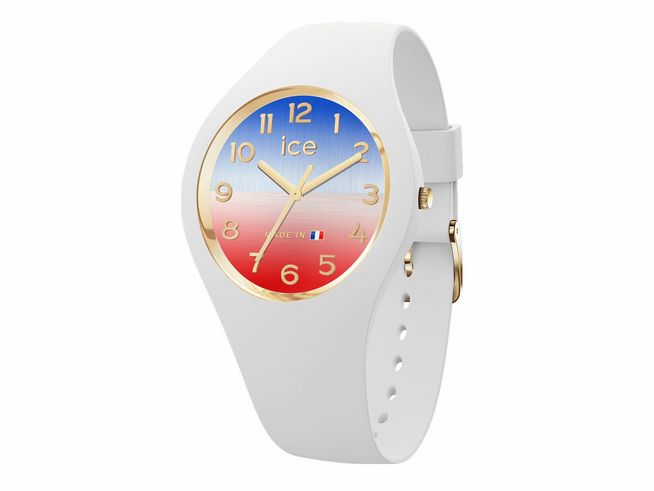 Ice Watch Uhr 023251 ICE cocorico Weiß in der Größe Small mit weißem Silikonarmband und einem bunten Zifferblatt in Blau und Rot sowie goldenen Zeigern und Ziffern.